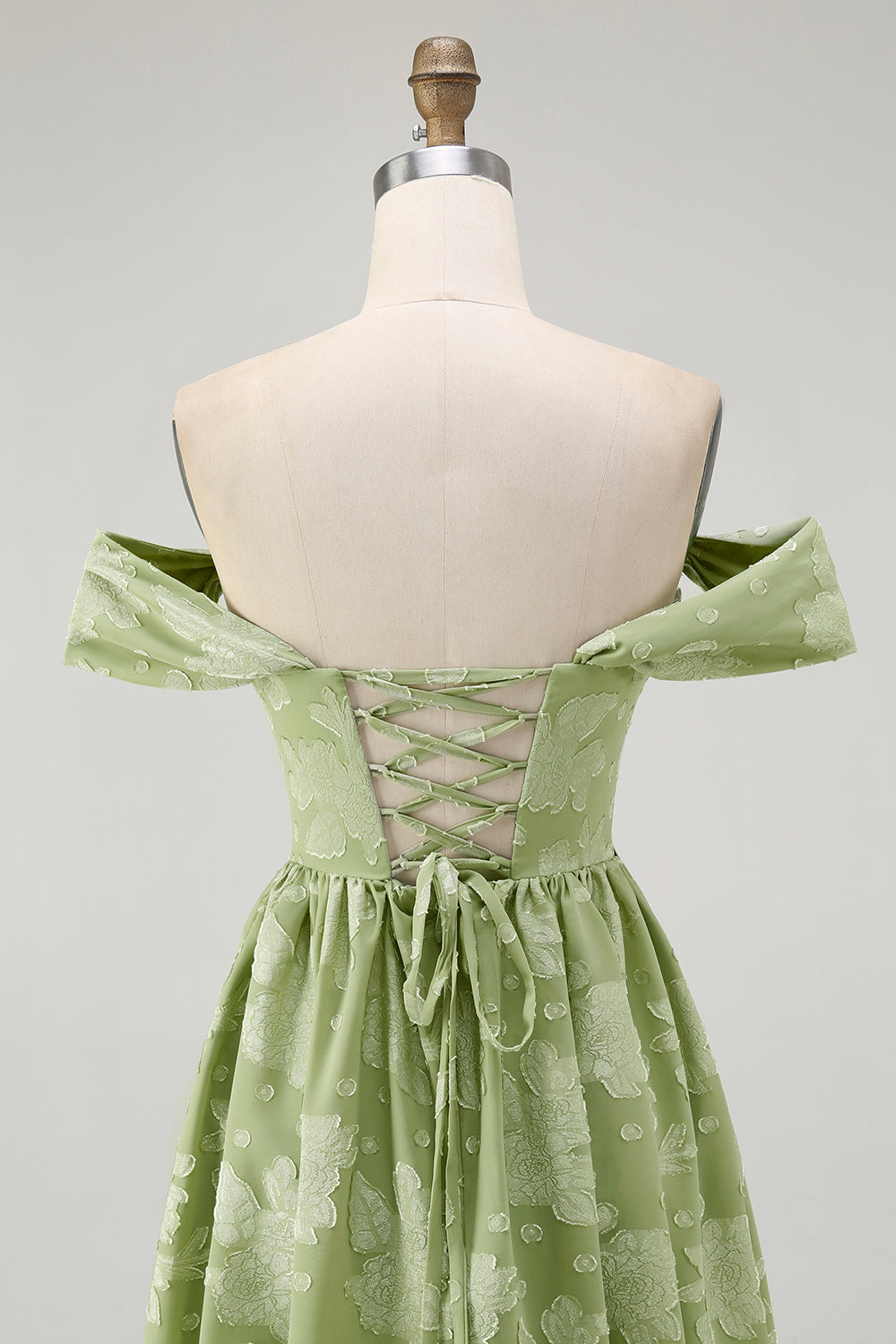 Floral Sage Green Chiffon Off the Shoulder Midi Wedding Guest Dress