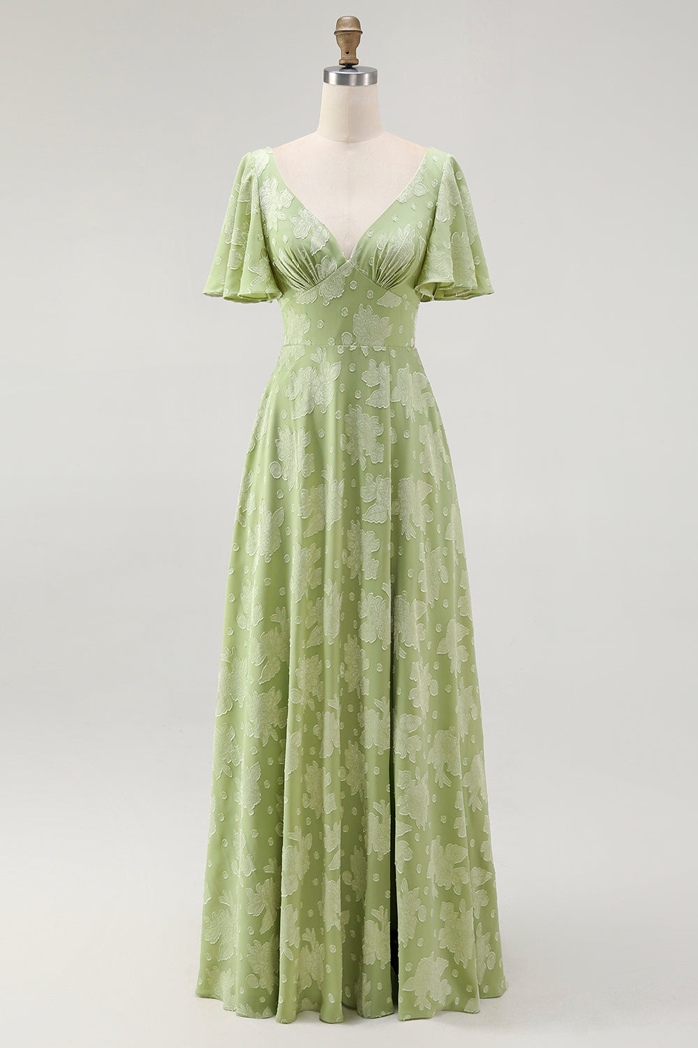 Floral Sage Green V-Neck A-Line Long Wedding Guest Dress with Bow