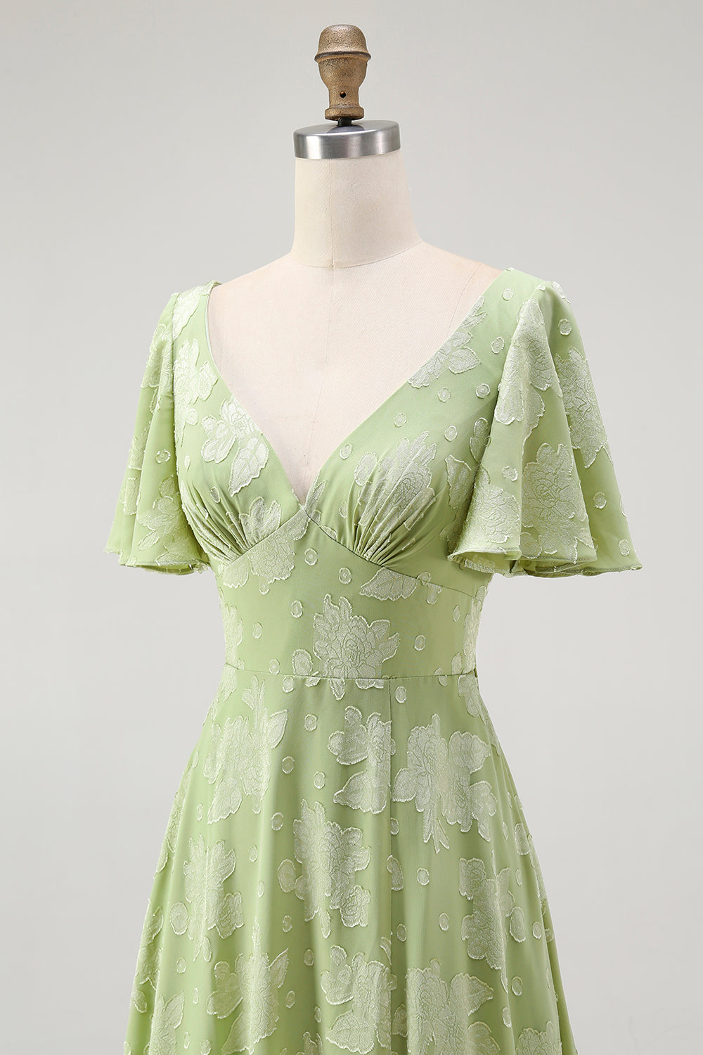 Floral Sage Green V-Neck A-Line Long Wedding Guest Dress with Bow