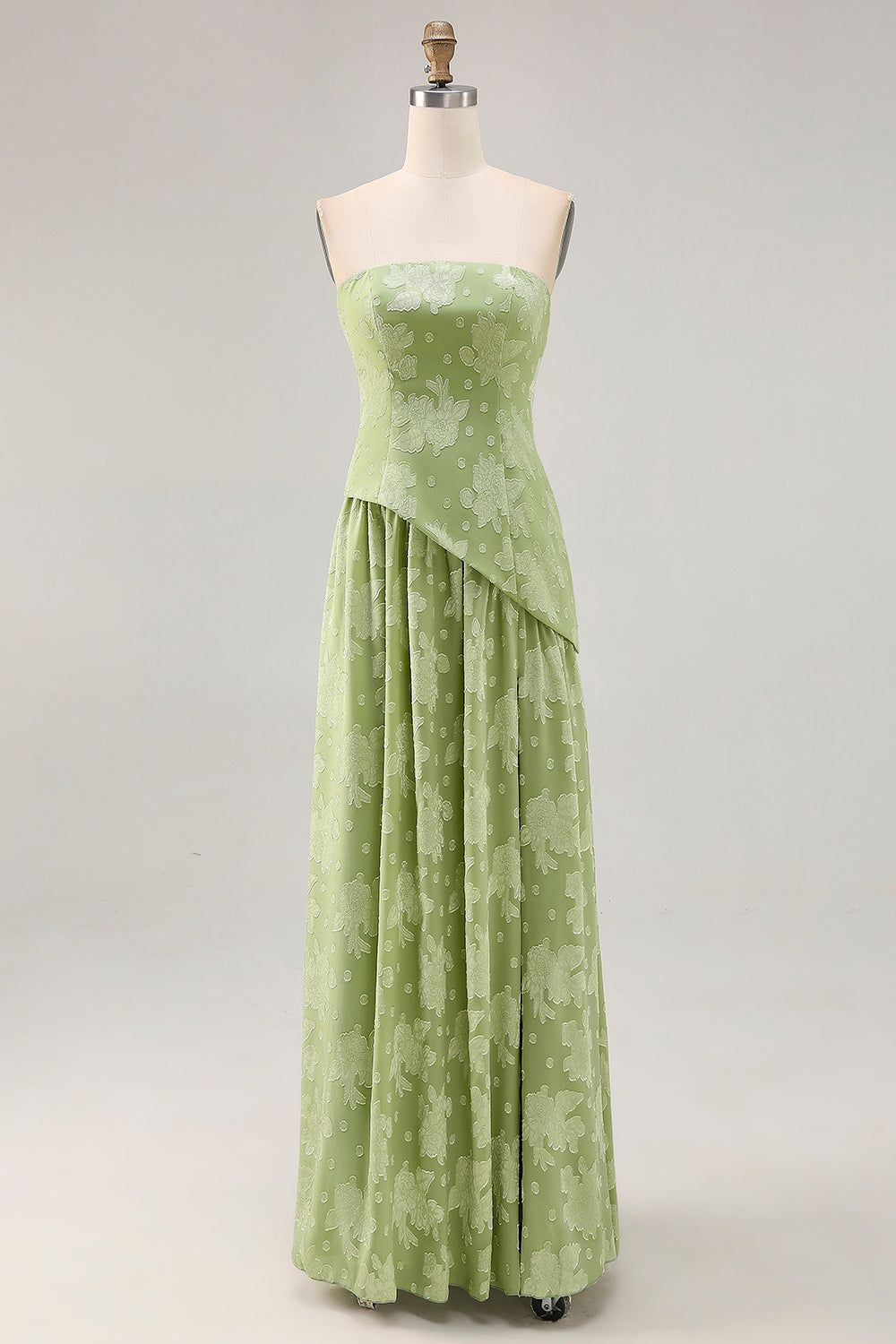 Floral Sage Green Strapless A Line Maxi Wedding Guest Dress with Slit