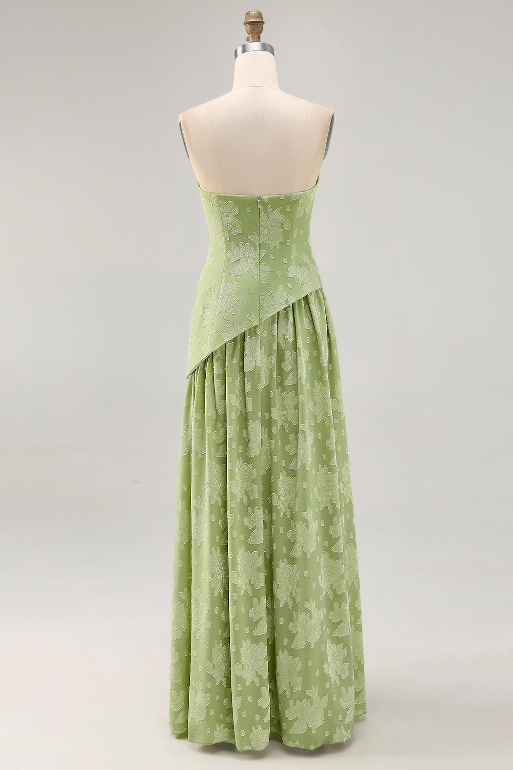 Floral Sage Green Strapless A Line Maxi Wedding Guest Dress with Slit