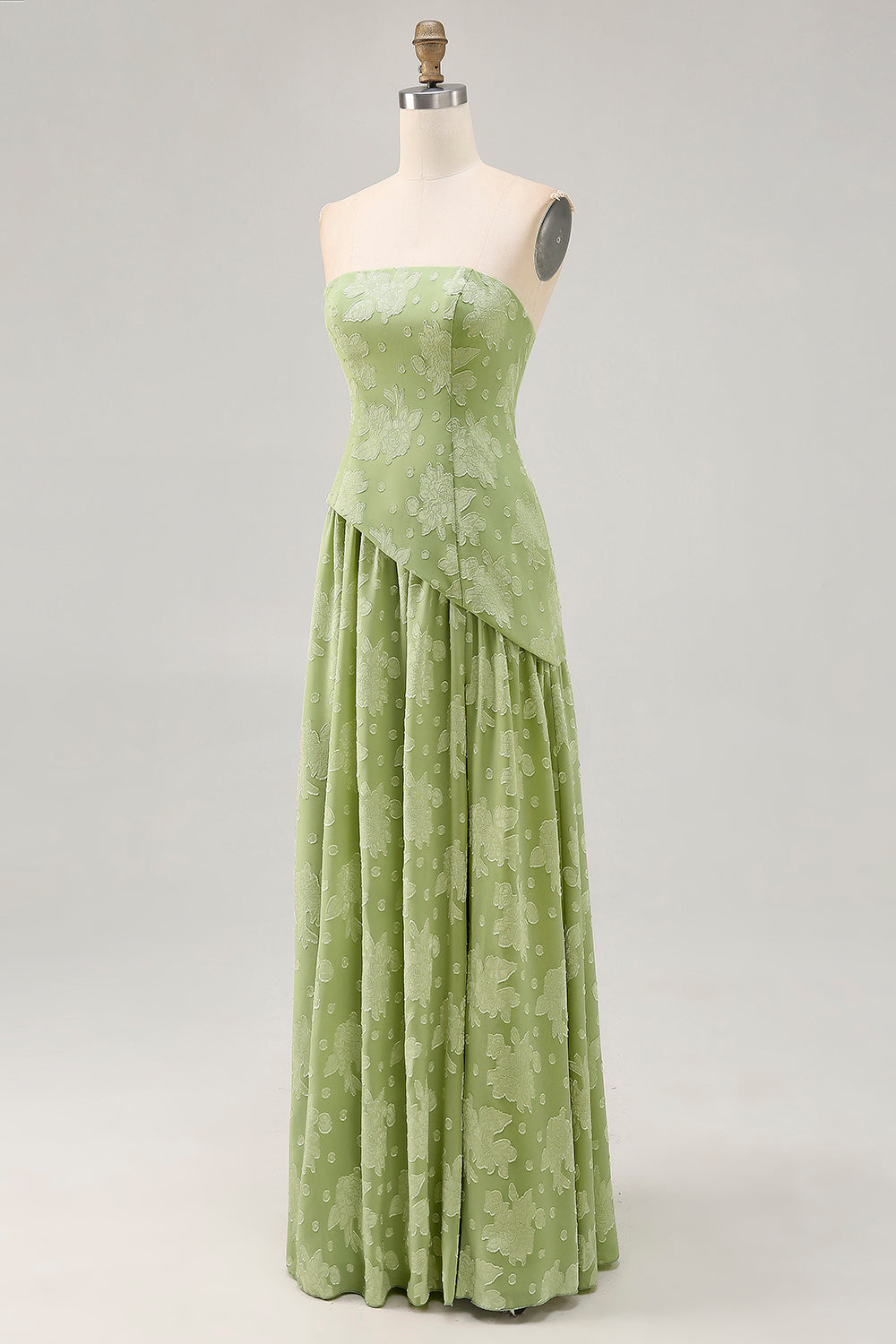Floral Sage Green Strapless A Line Maxi Wedding Guest Dress with Slit