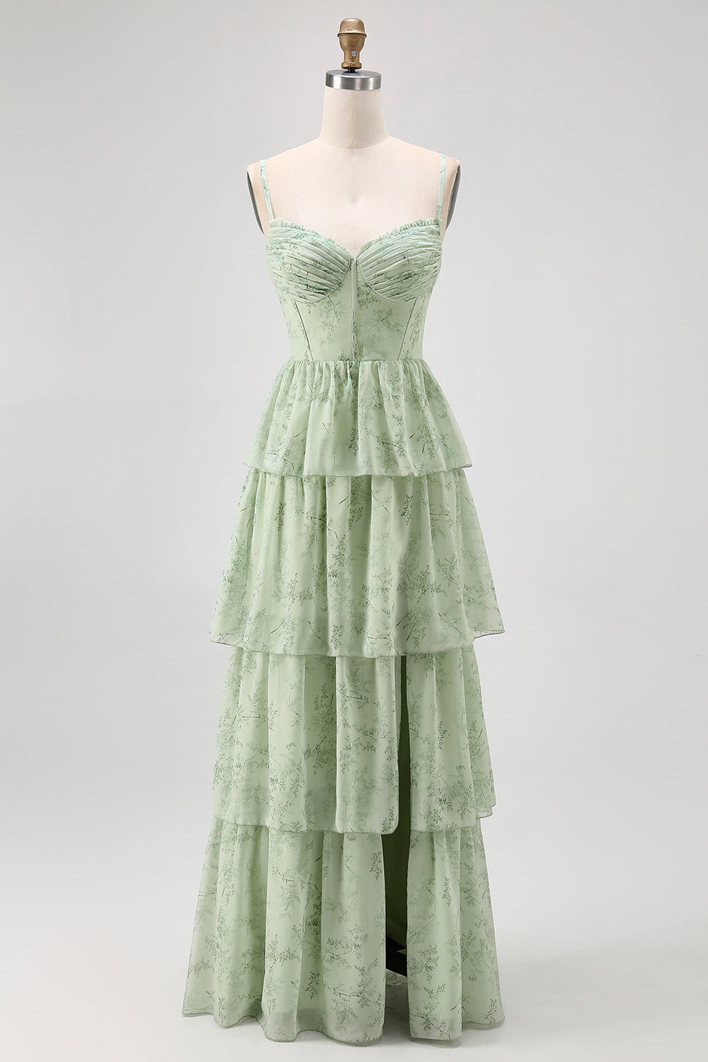 Dusty Sage Chiffon Tiered A Line Long Corset Wedding Guest Dress with Slit