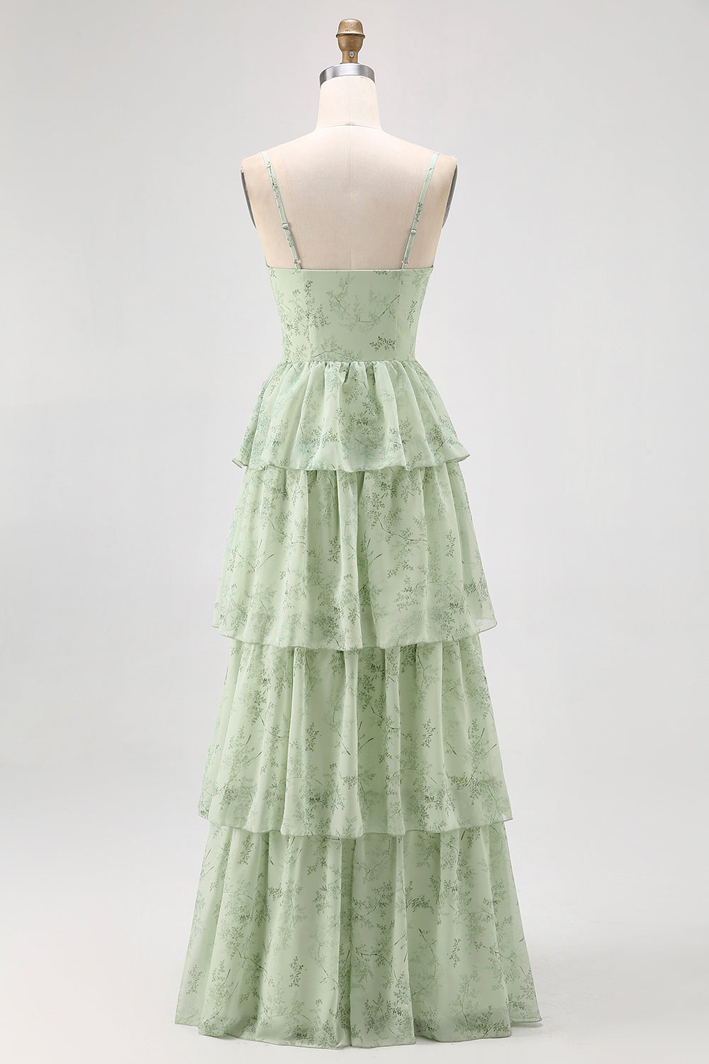 Dusty Sage Chiffon Tiered A Line Long Corset Wedding Guest Dress with Slit