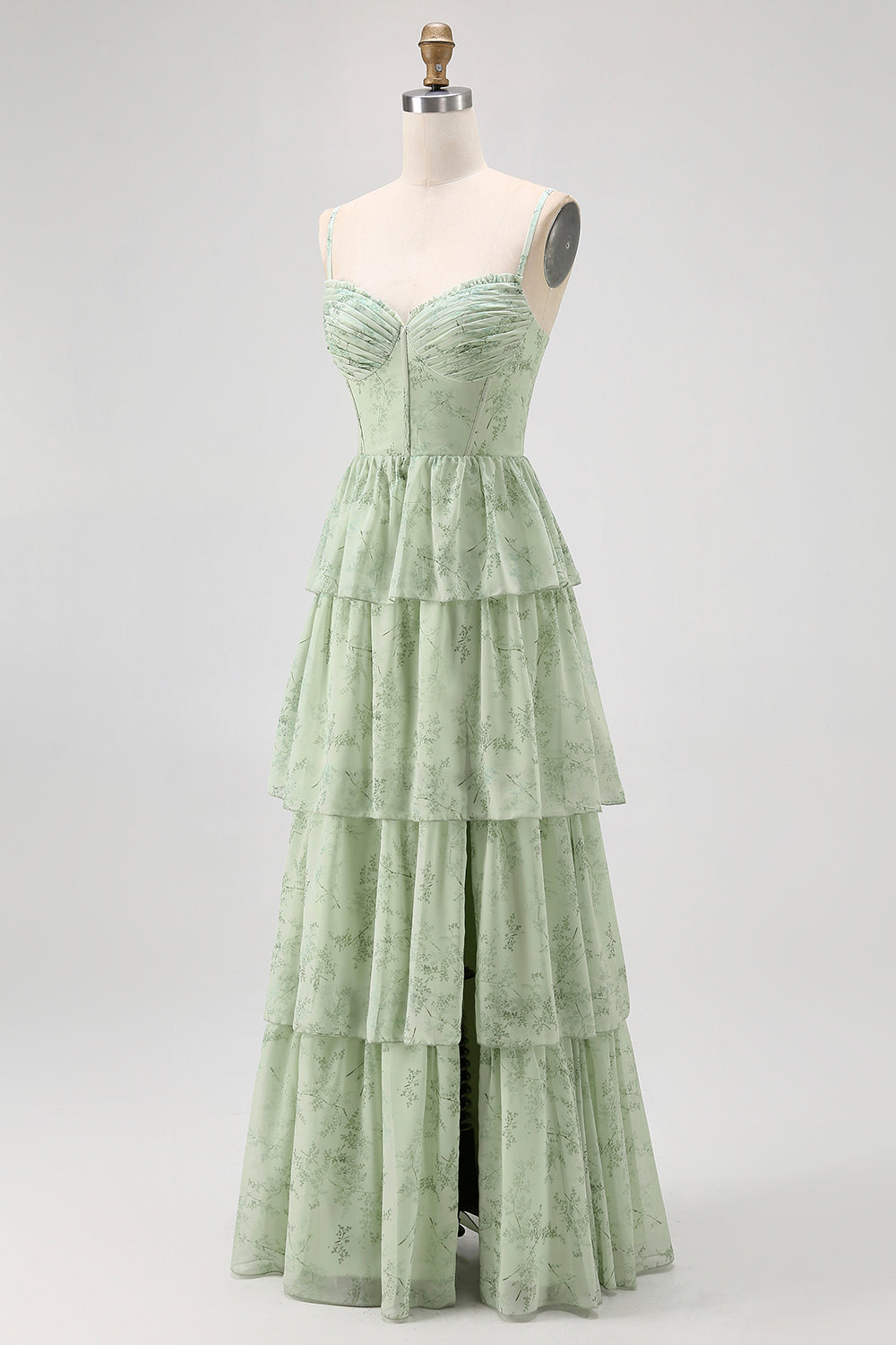 Dusty Sage Chiffon Tiered A Line Long Corset Wedding Guest Dress with Slit