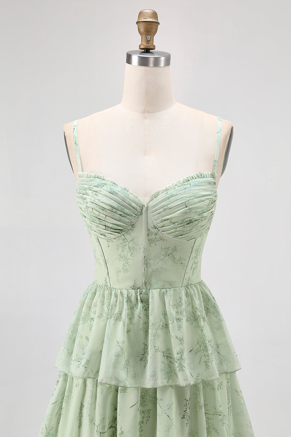 Dusty Sage Chiffon Tiered A Line Long Corset Wedding Guest Dress with Slit