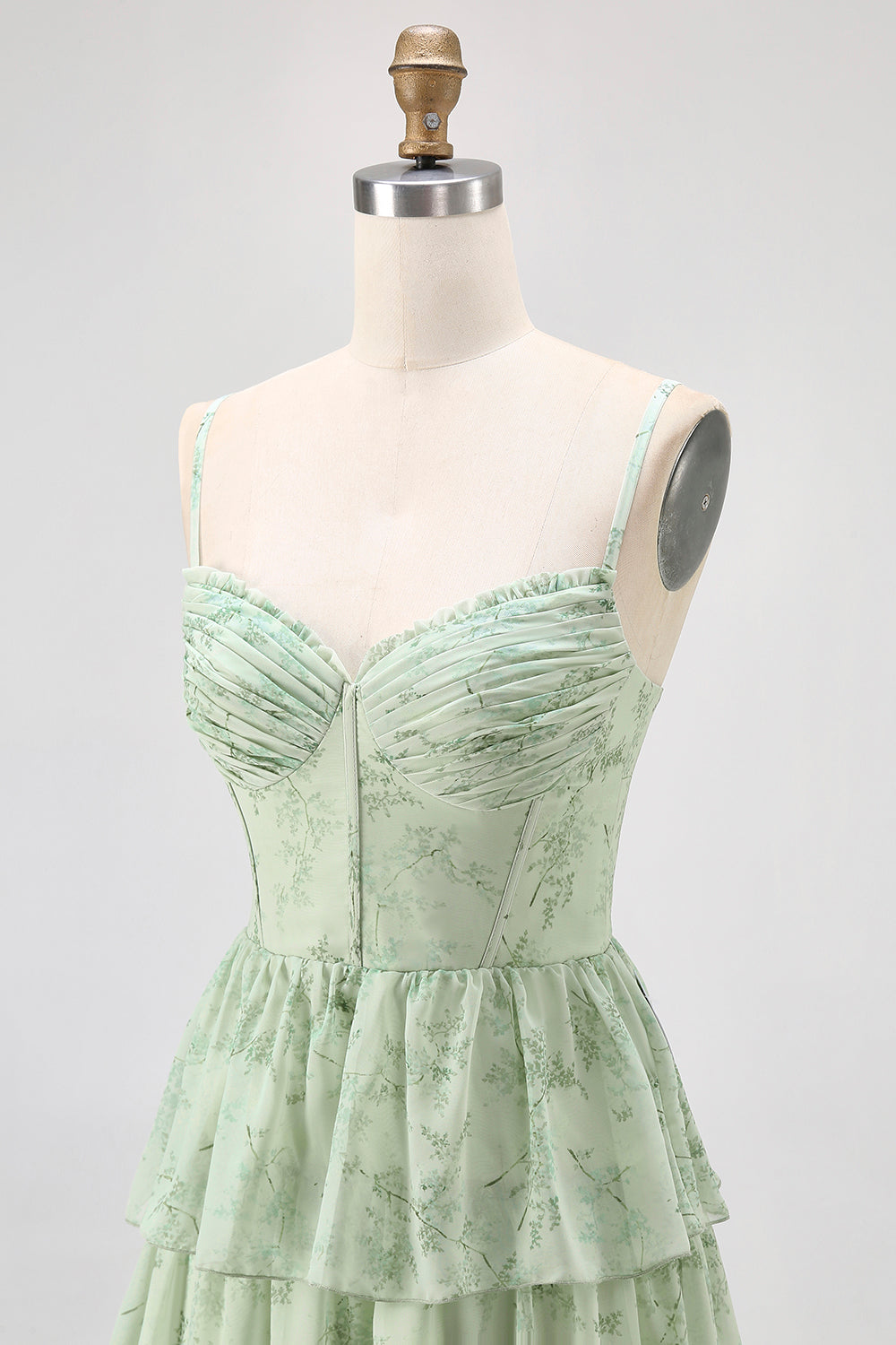 Dusty Sage Chiffon Tiered A Line Long Corset Wedding Guest Dress with Slit