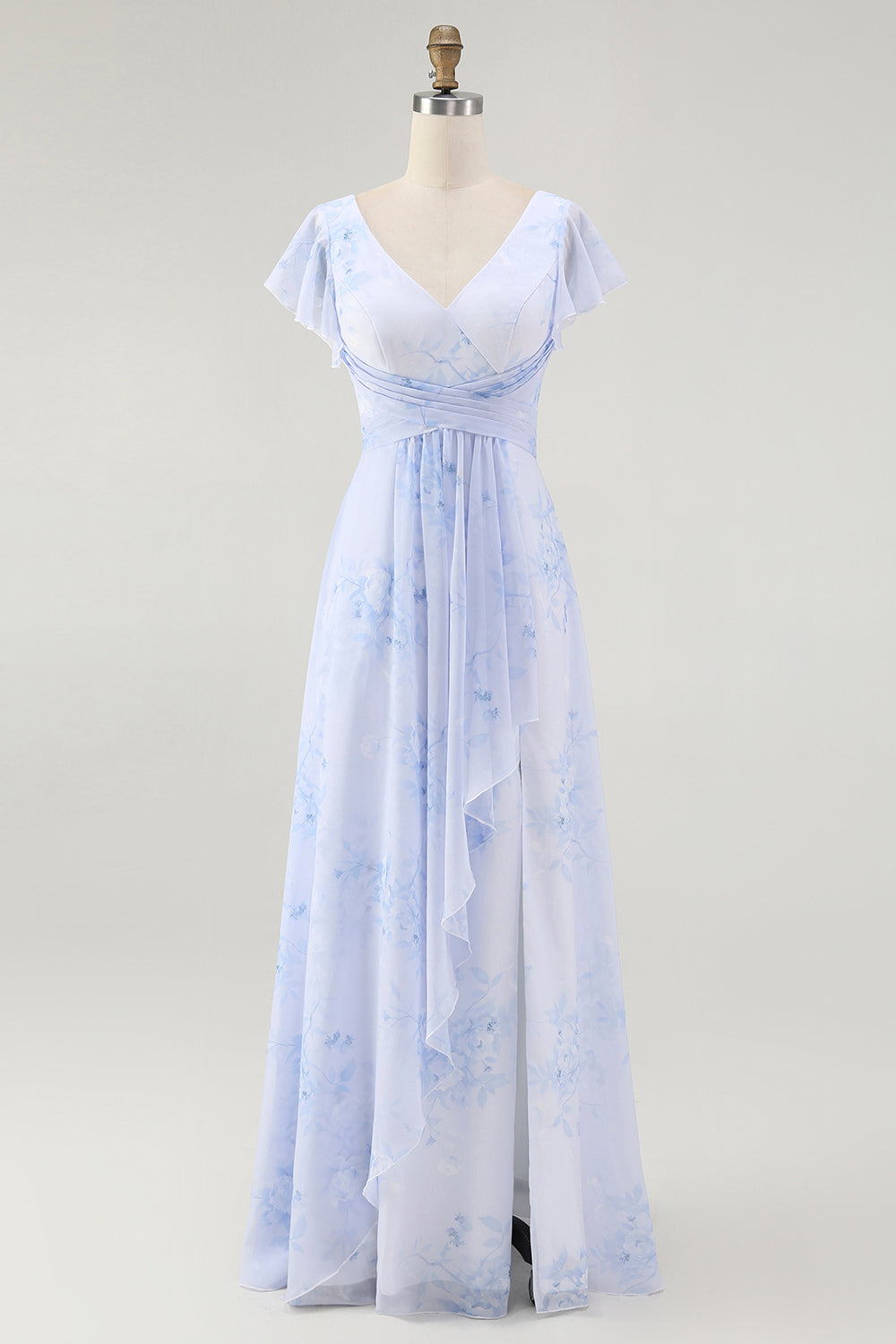 Floral Blue Chiffon A-Line V-Neck Long Wedding Guest Dress with Sleeves