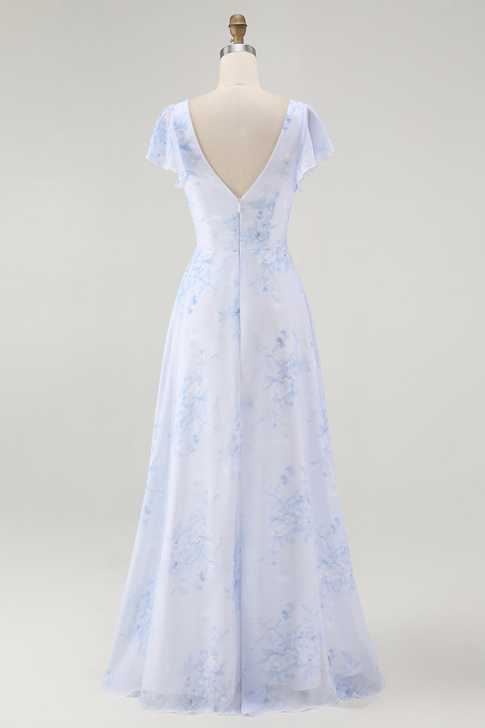 Floral Blue Chiffon A-Line V-Neck Long Wedding Guest Dress with Sleeves
