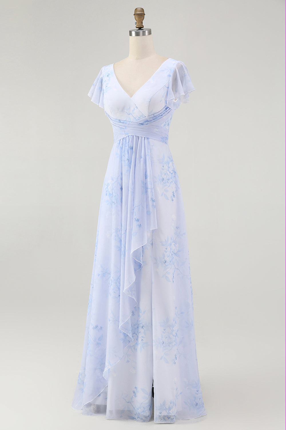 Floral Blue Chiffon A-Line V-Neck Long Wedding Guest Dress with Sleeves