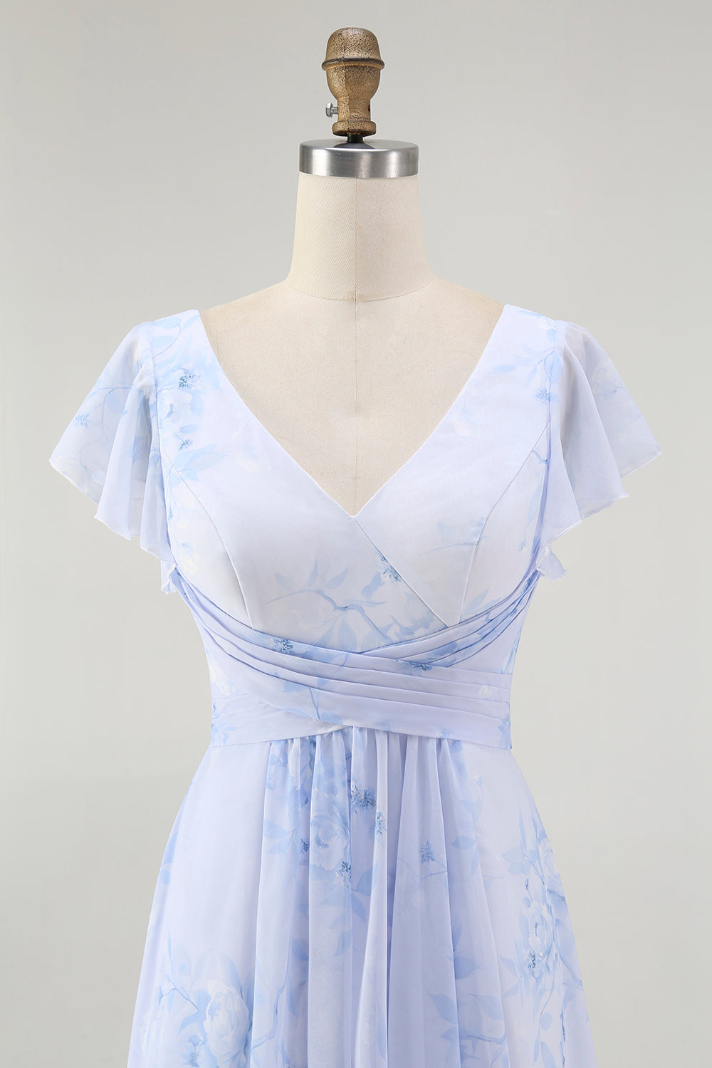 Floral Blue Chiffon A-Line V-Neck Long Wedding Guest Dress with Sleeves