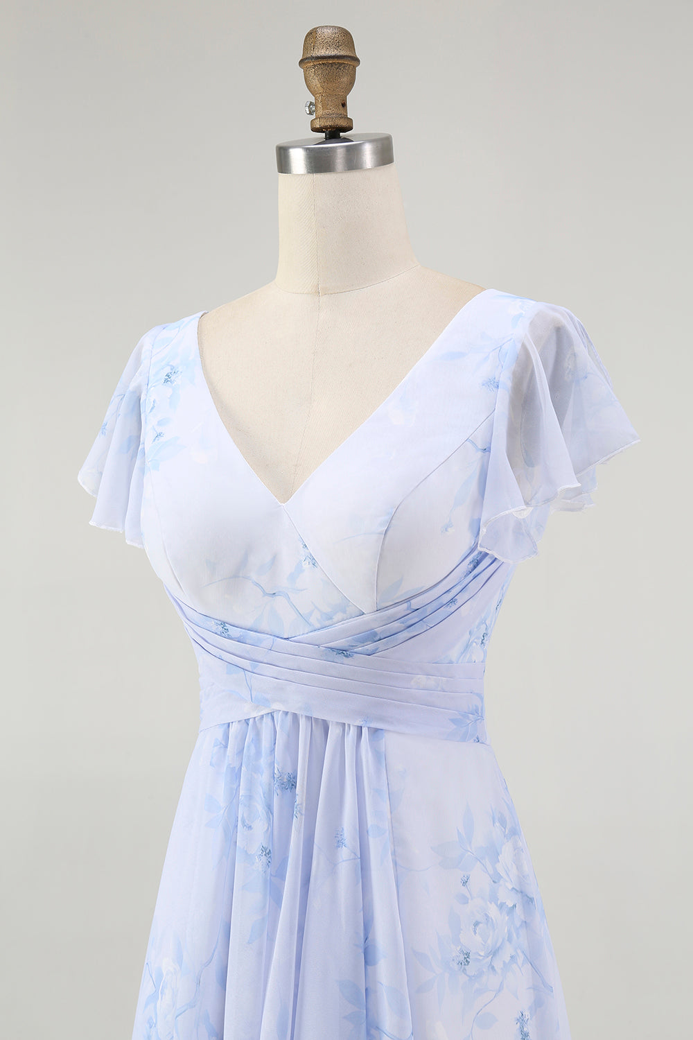 Floral Blue Chiffon A-Line V-Neck Long Wedding Guest Dress with Sleeves