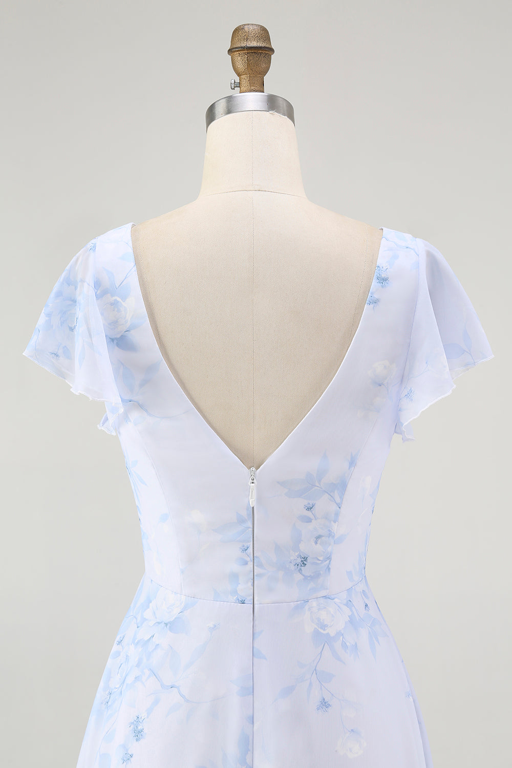 Floral Blue Chiffon A-Line V-Neck Long Wedding Guest Dress with Sleeves