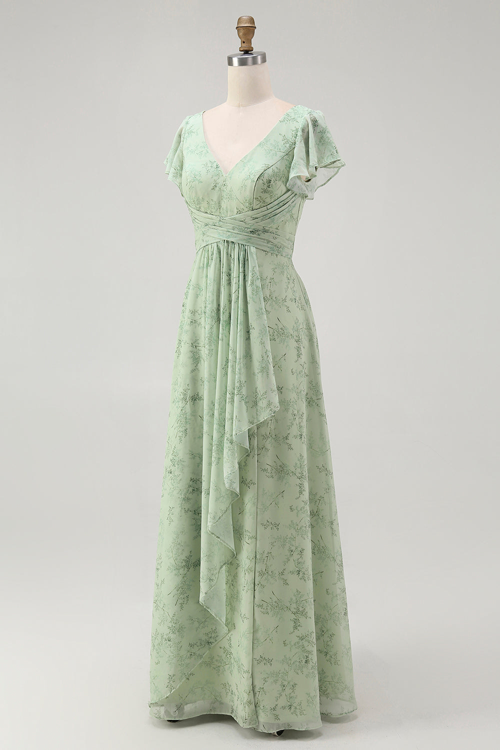 Floral Dusty Sage Chiffon V-Neck Long A-Line Wedding Guest Dress with Slit