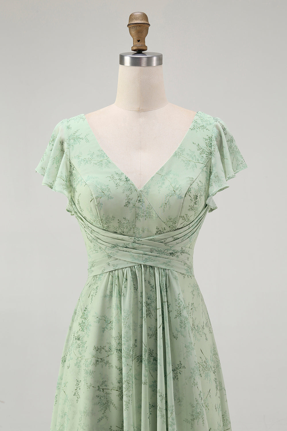 Floral Dusty Sage Chiffon V-Neck Long A-Line Wedding Guest Dress with Slit