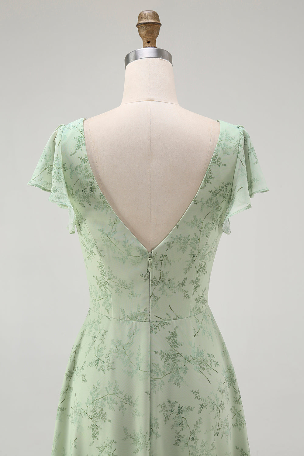 Floral Dusty Sage Chiffon V-Neck Long A-Line Wedding Guest Dress with Slit