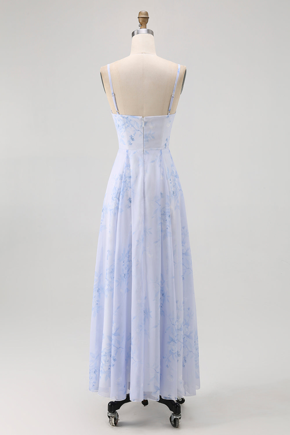 Floral Blue Spaghetti Straps Chiffon A-Line Backless Long Wedding Guest Dress