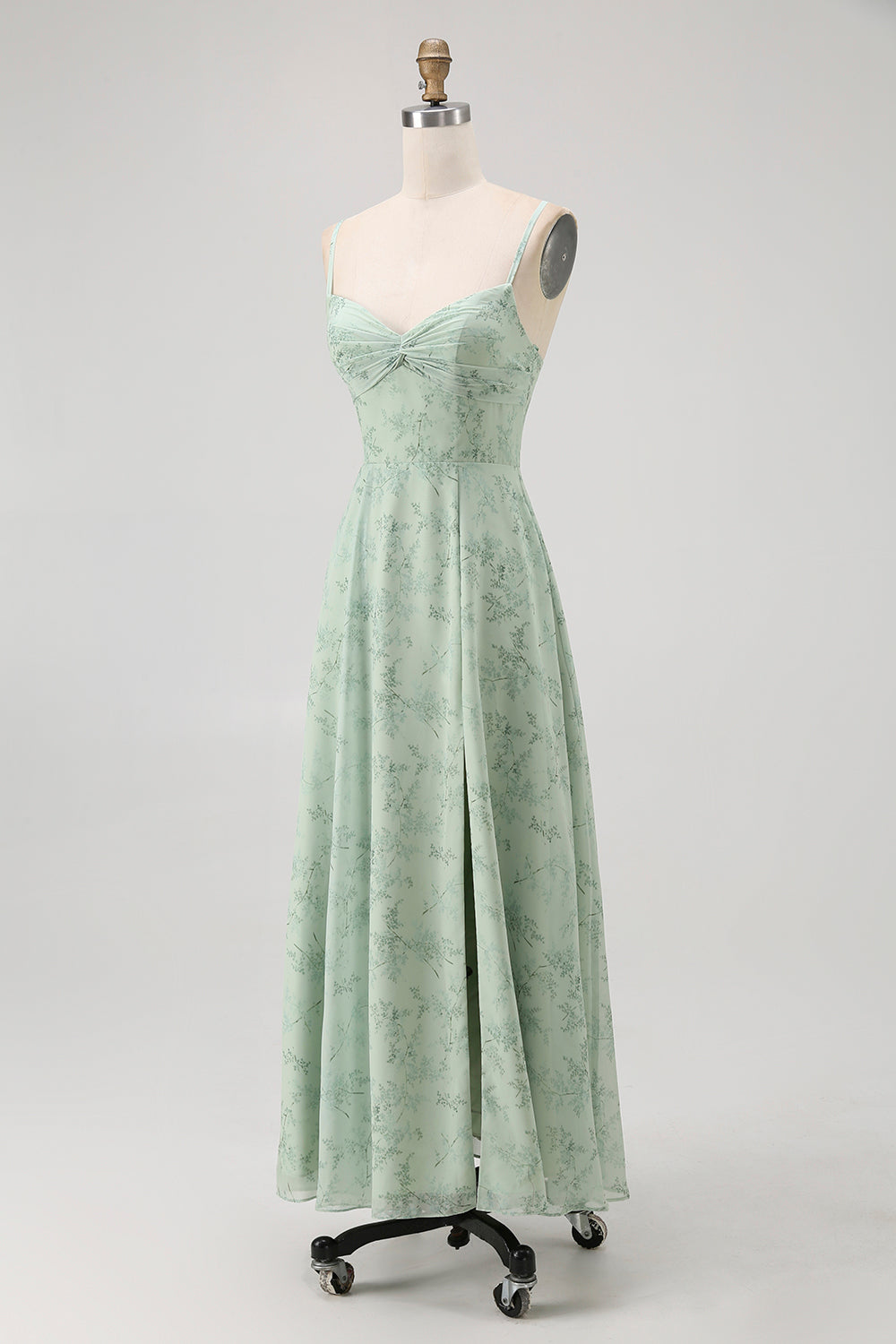 Floral Blue Spaghetti Straps Chiffon A-Line Backless Long Wedding Guest Dress