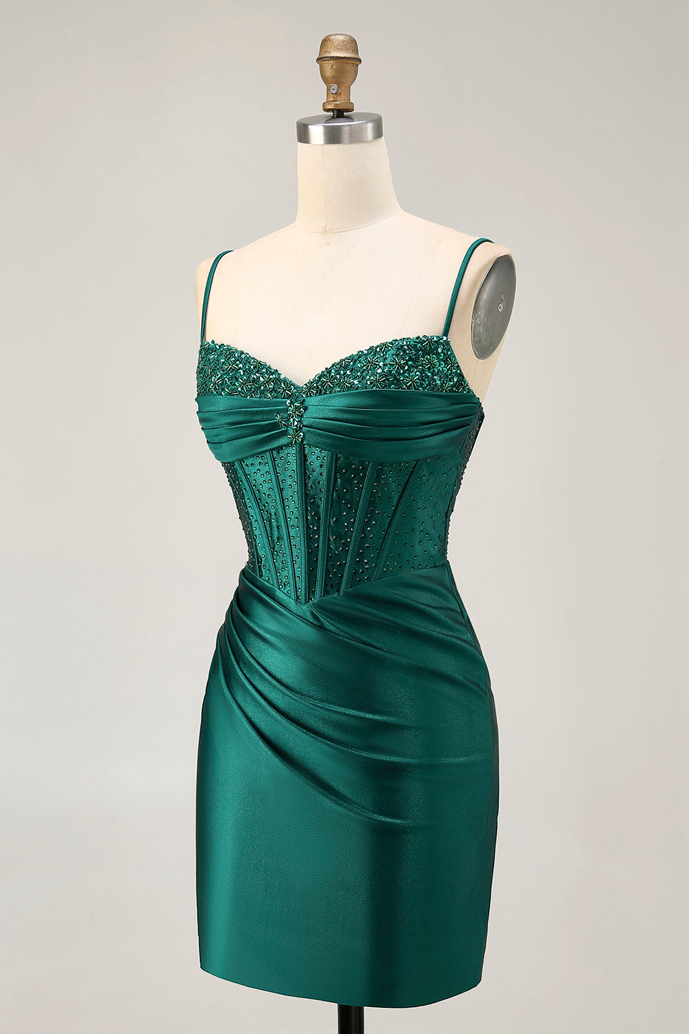 Sparkly Dark Green Satin Tight Short Corset Homecoming Dress with Beading
