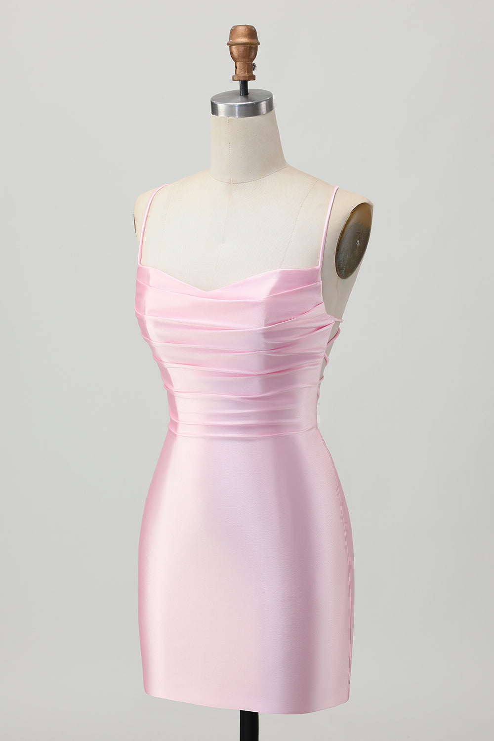 Blush Pink Spaghetti Straps Satin Tight Short Homecoming Dress