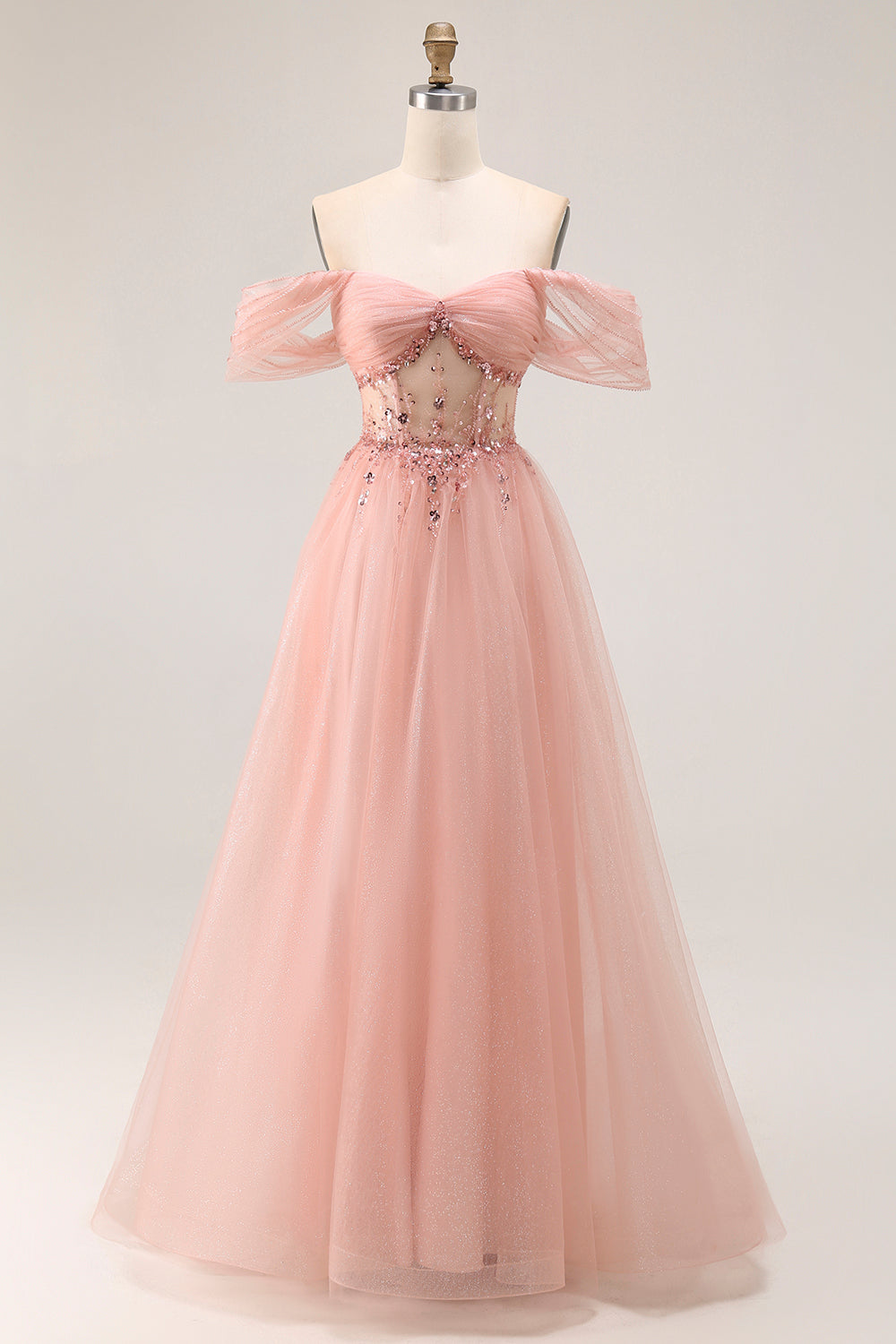 Sparkly Blush Off the Shoulder Long Corset Prom Dress with Sequins