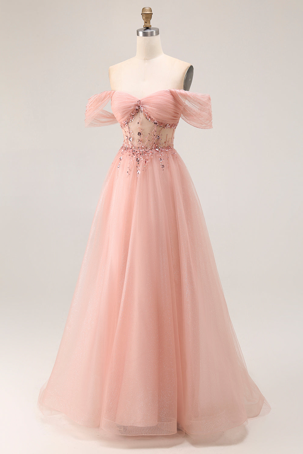 Sparkly Blush Off the Shoulder Long Corset Prom Dress with Sequins
