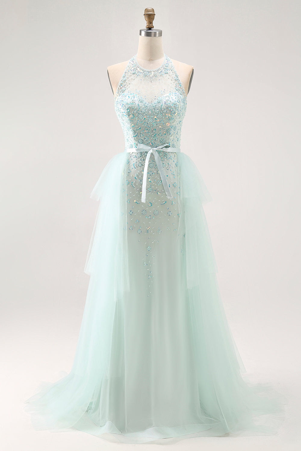 Sparkly Light Green Halter Tulle Detachable Train Long Prom Dress with Beading