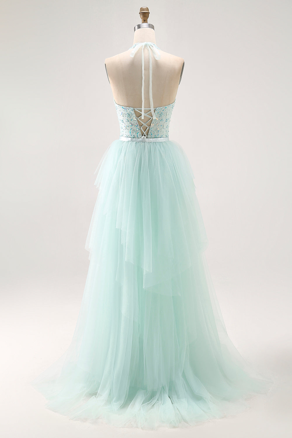 Sparkly Light Green Halter Tulle Detachable Train Long Prom Dress with Beading