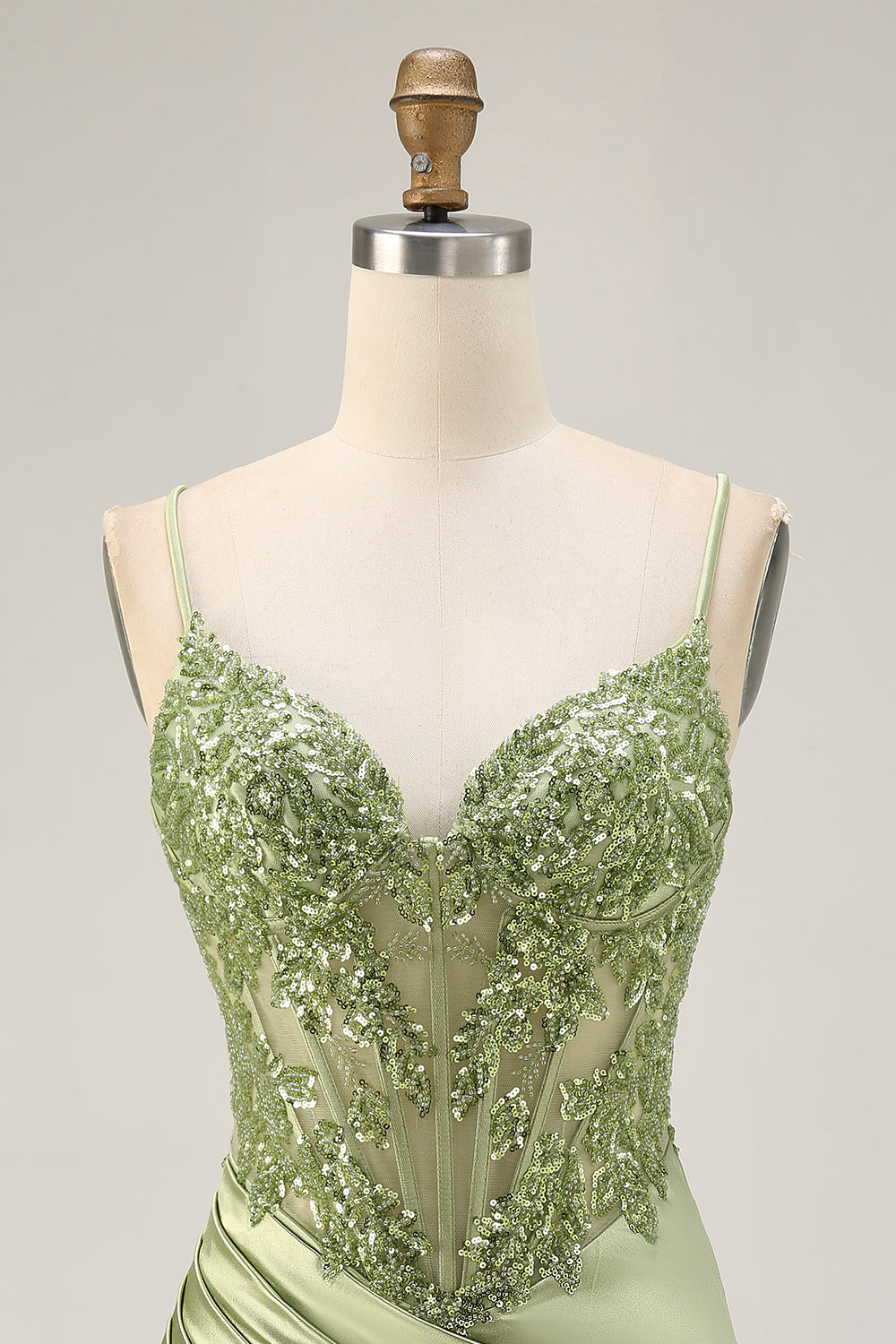 Sparkly Sage Green Satin Corset Short Tight Homecoming Dress with Appliques