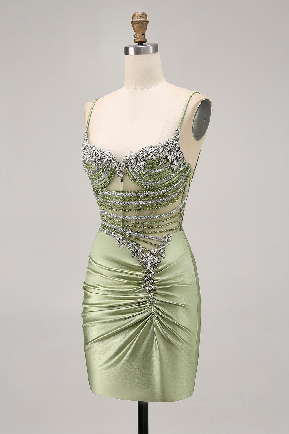 Sparkly Sage Green Tight Short Corset Homecoming Dress with Rhinestones