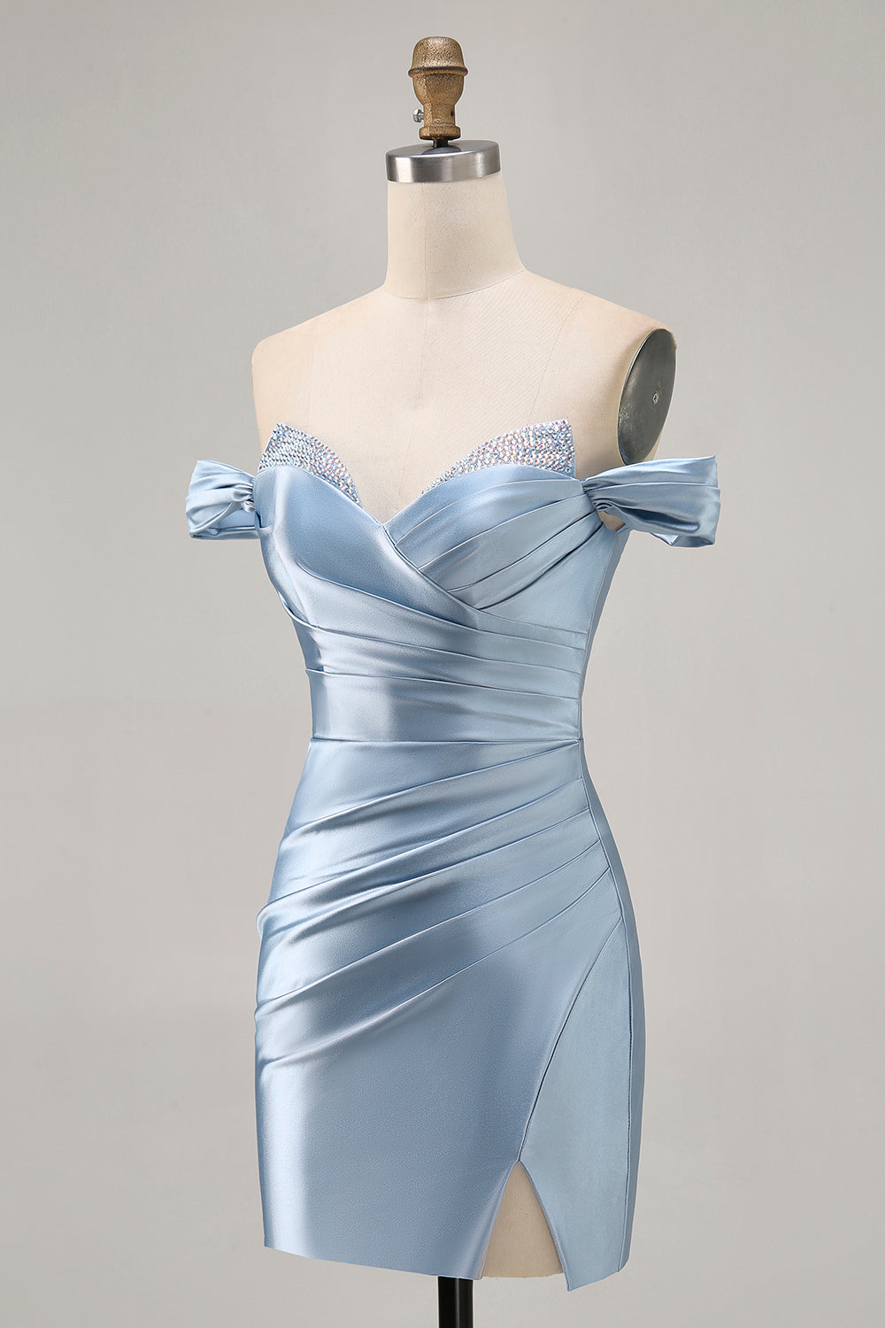 Grey Blue Satin Off the Shoulder Ruched Short Homecoming Dress
