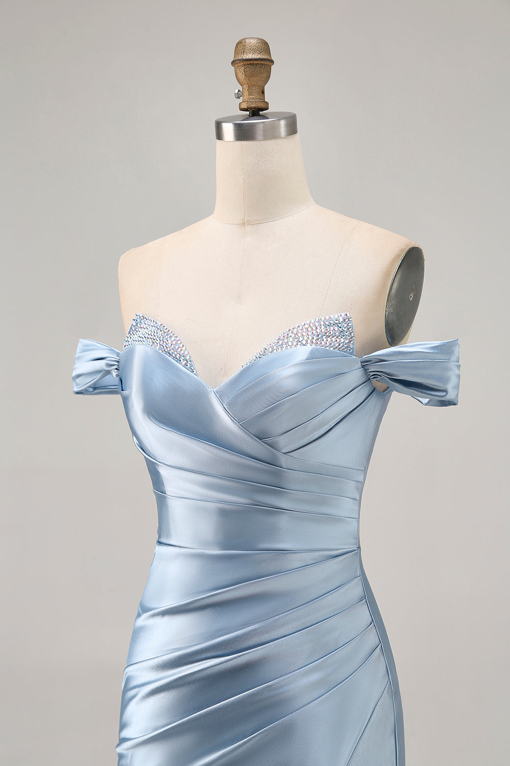 Grey Blue Satin Off the Shoulder Ruched Short Homecoming Dress