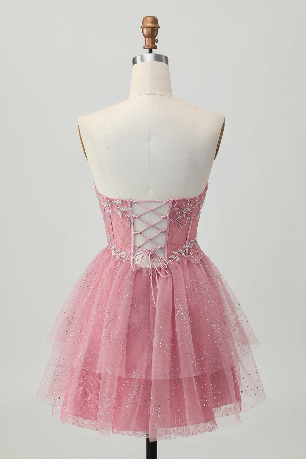Glitter Dusty Rose Tiered Tulle Ruffled Short Corset Homecoming Dress