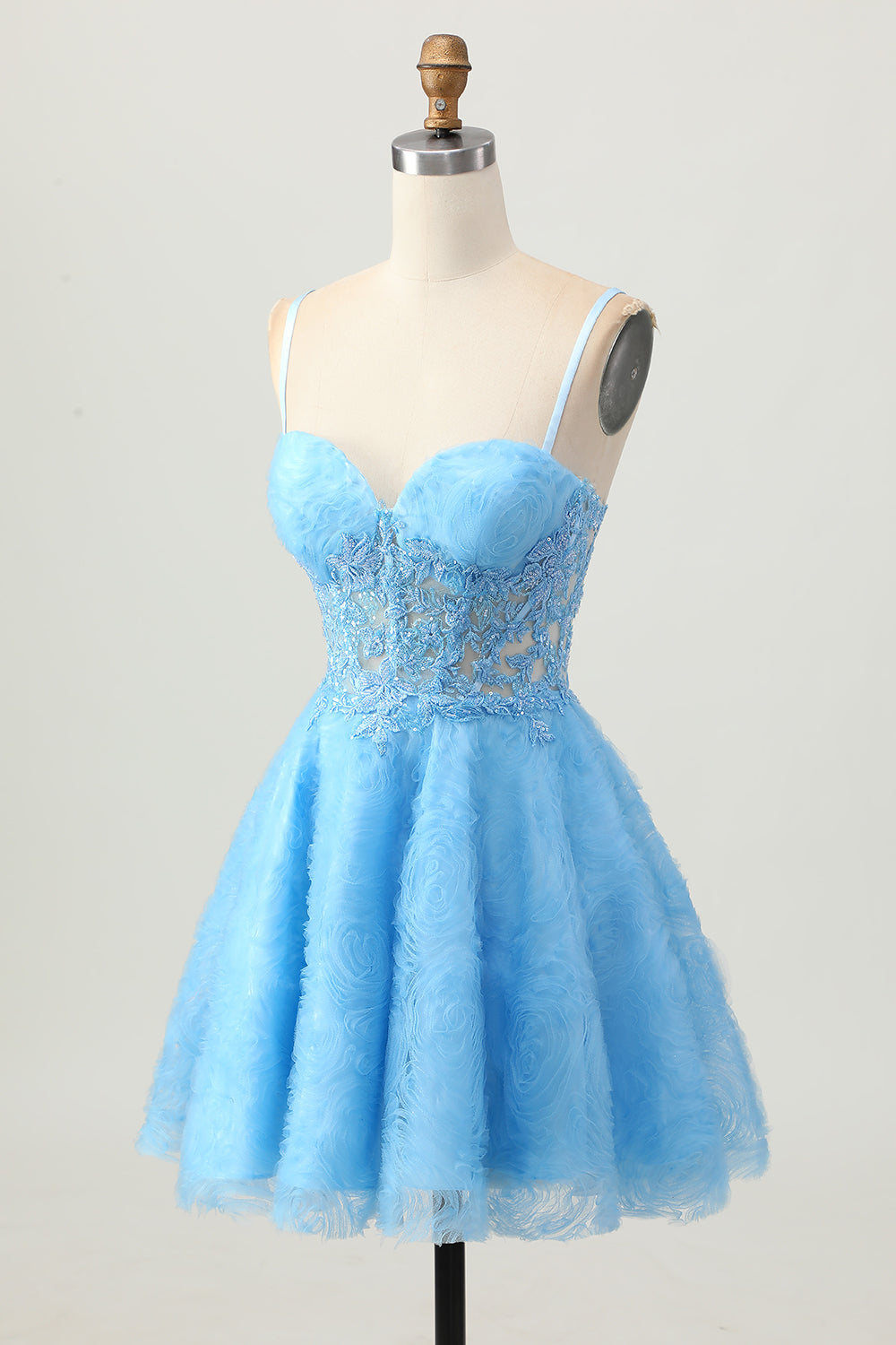 Blue Spaghetti Straps Corset Short Floral Homecoming Dress with Lace