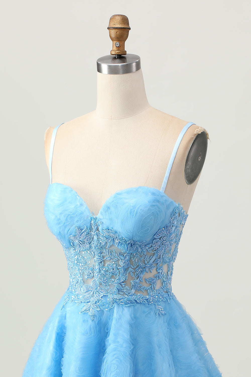 Blue Spaghetti Straps Corset Short Floral Homecoming Dress with Lace