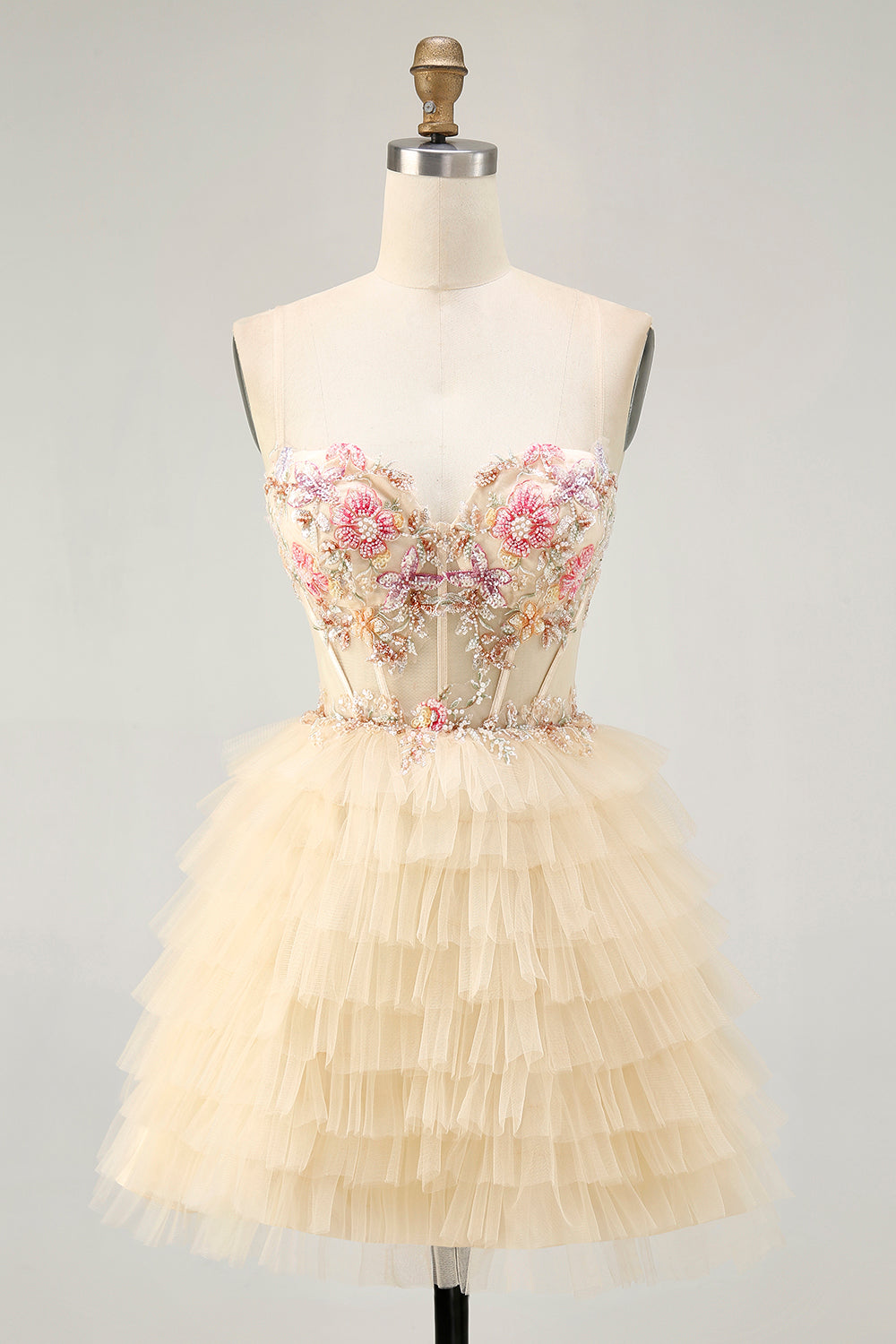 Apricot Floral Tiered Short Corset Homecoming Dress with Ruffles