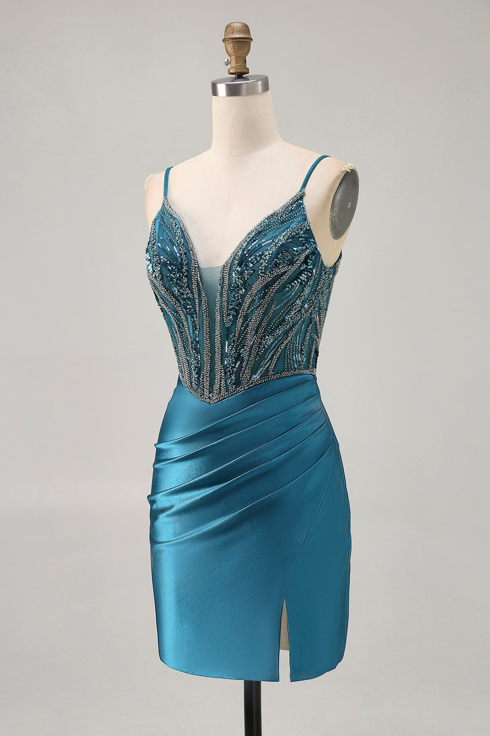 Sparkly Peacock Blue Corset Short Tight Homecoming Dress with Beading