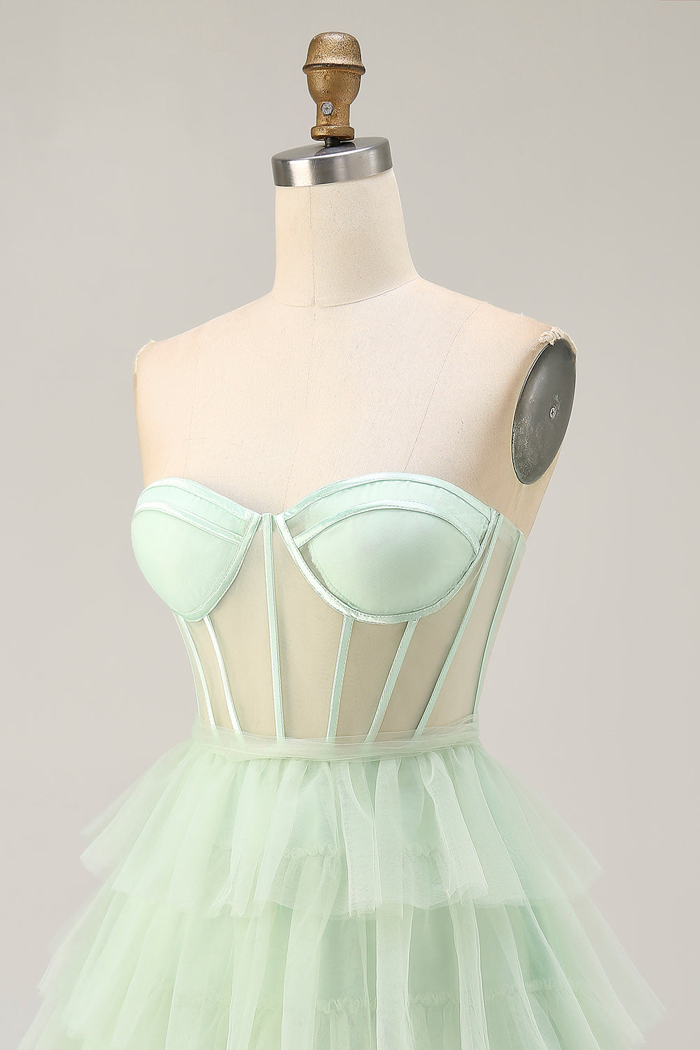 Light Green A Line Tiered Short Corset Homecoming Dress with Ruffles