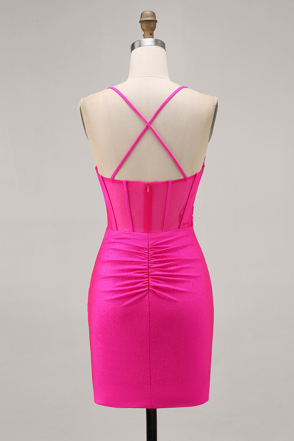 Fuchsia Tight Spaghetti Straps Ruched Short Corset Homecoming Dress