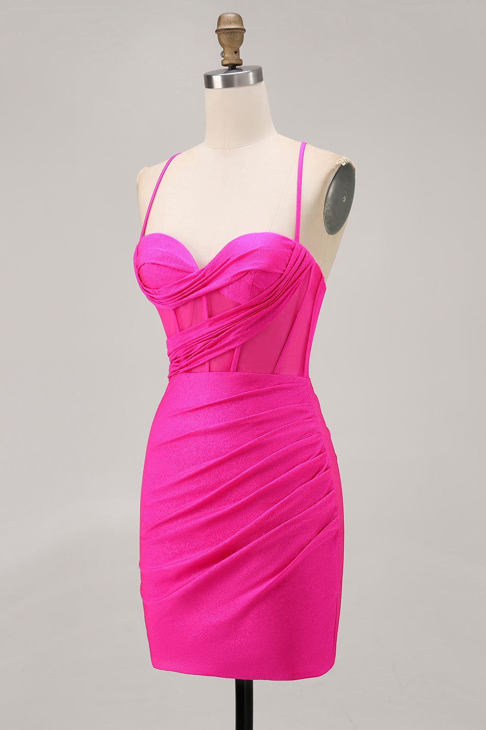 Fuchsia Tight Spaghetti Straps Ruched Short Corset Homecoming Dress