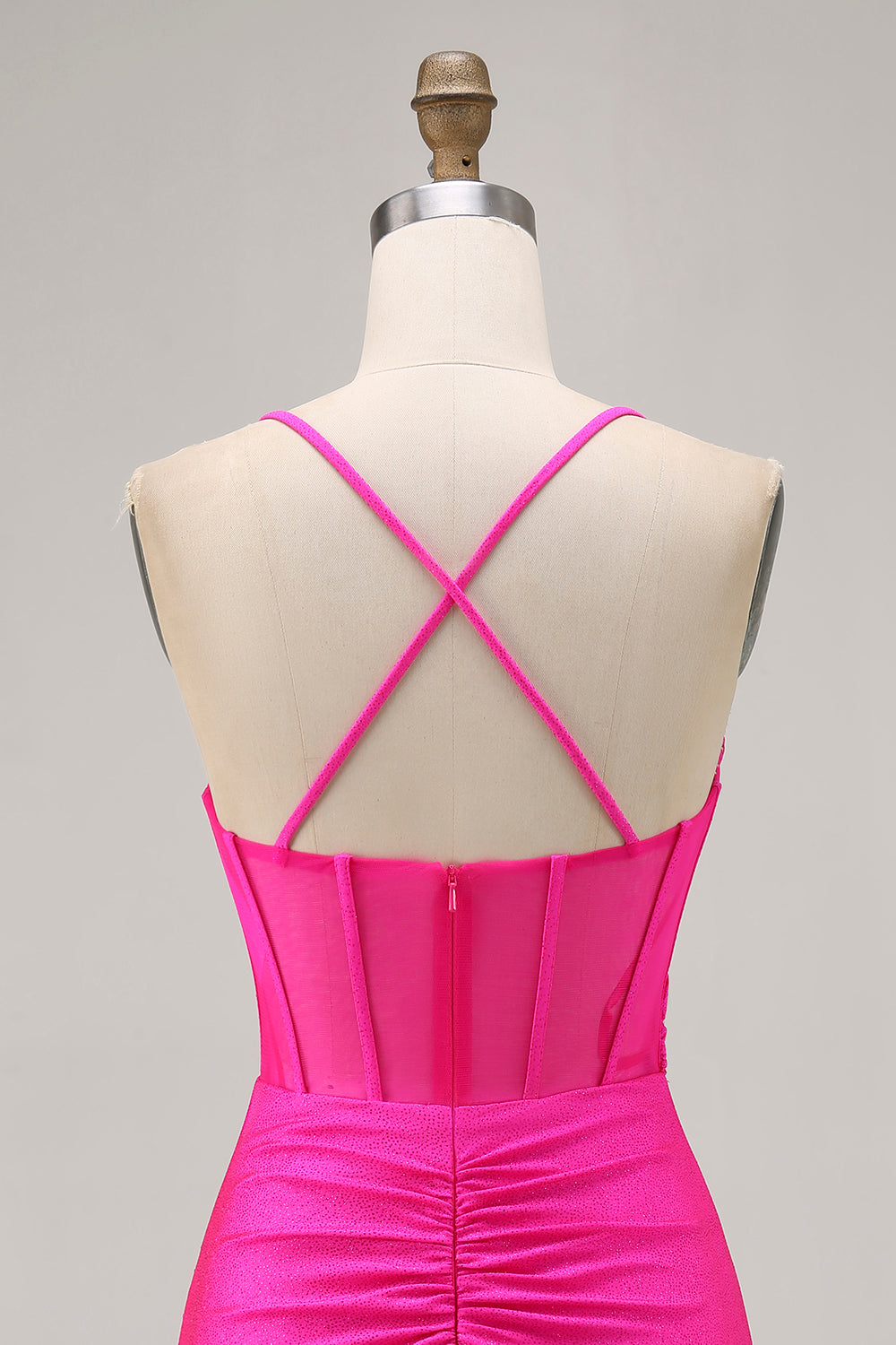Fuchsia Tight Spaghetti Straps Ruched Short Corset Homecoming Dress
