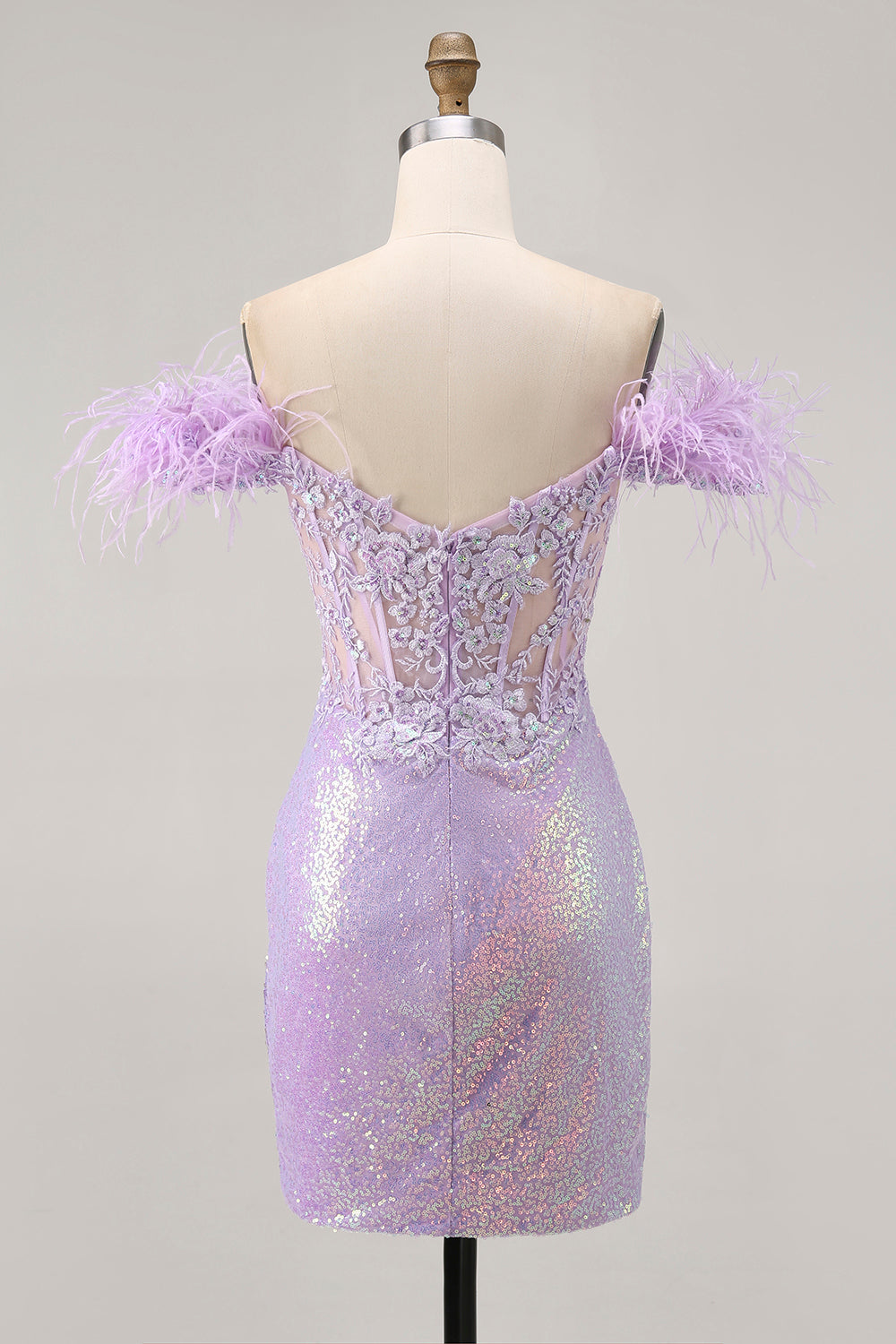 Sparkly Lilac Tight Sequins Short Corset Homecoming Dress with Feathers