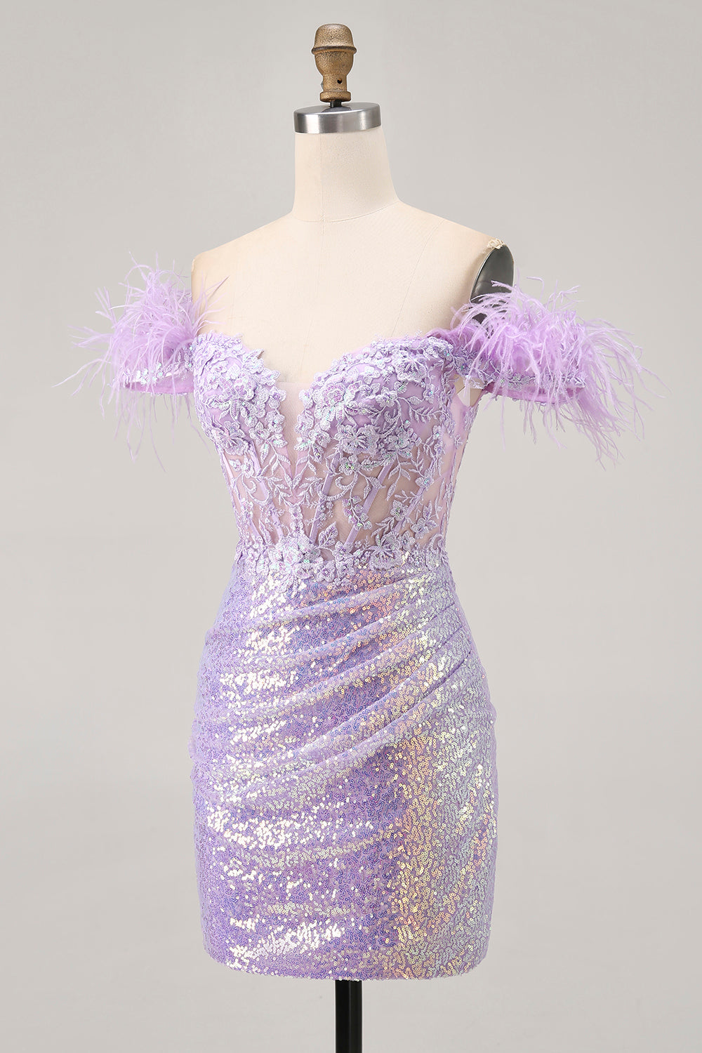 Sparkly Lilac Tight Sequins Short Corset Homecoming Dress with Feathers