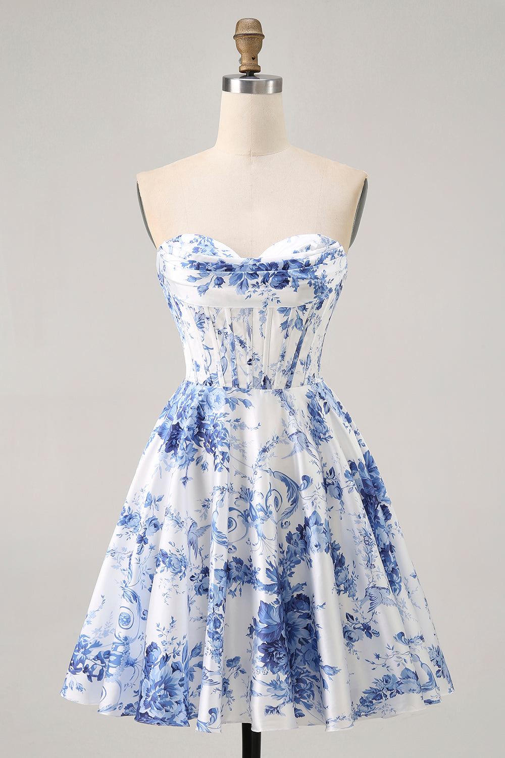 White Blue Flower A Line Short Corset Homecoming Dress
