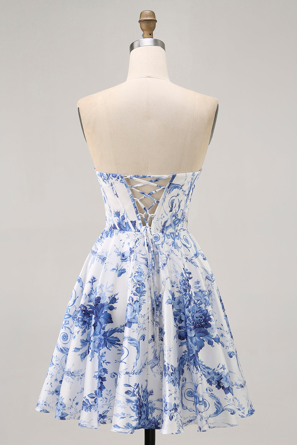White Blue Flower A Line Short Corset Homecoming Dress