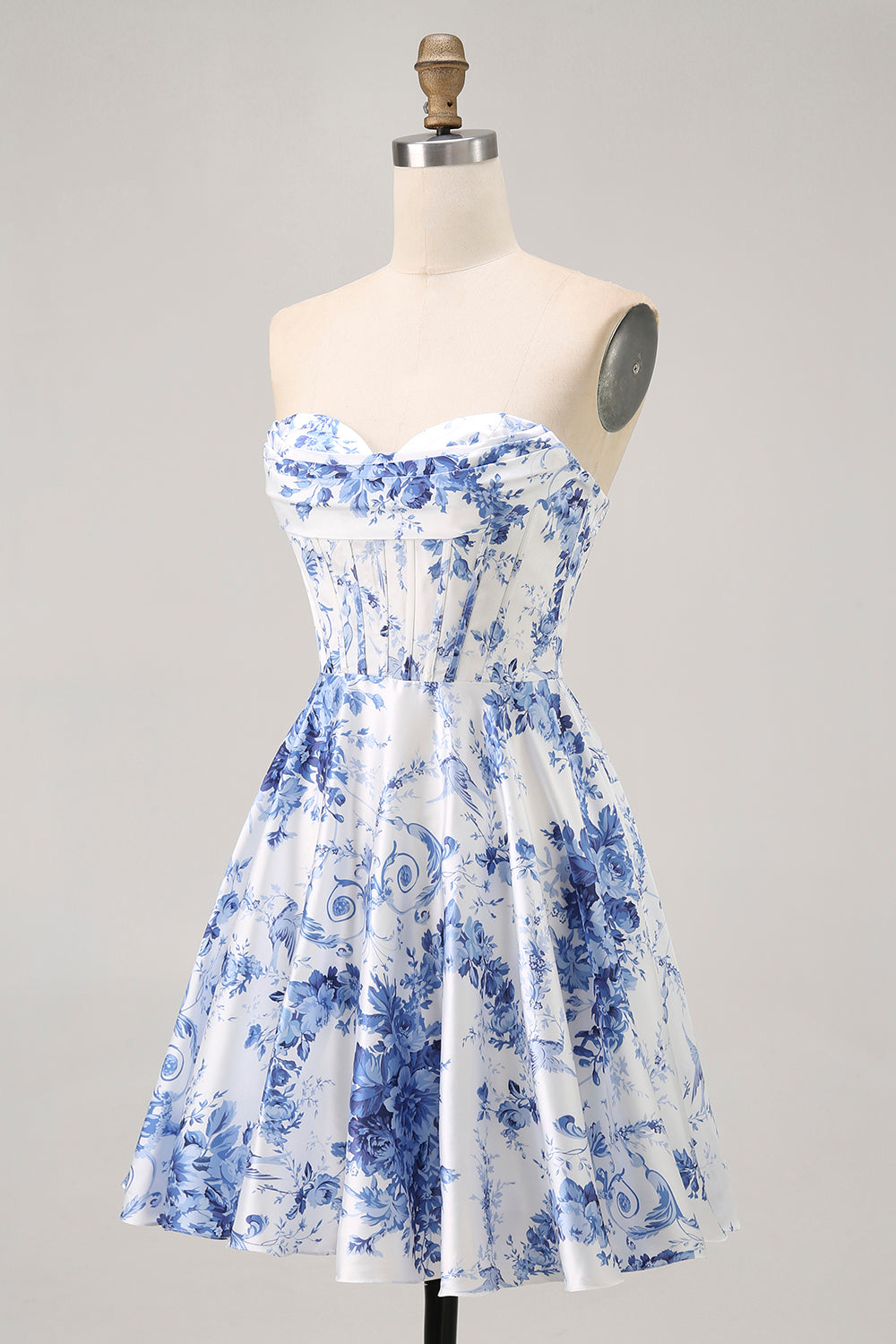 White Blue Flower A Line Short Corset Homecoming Dress