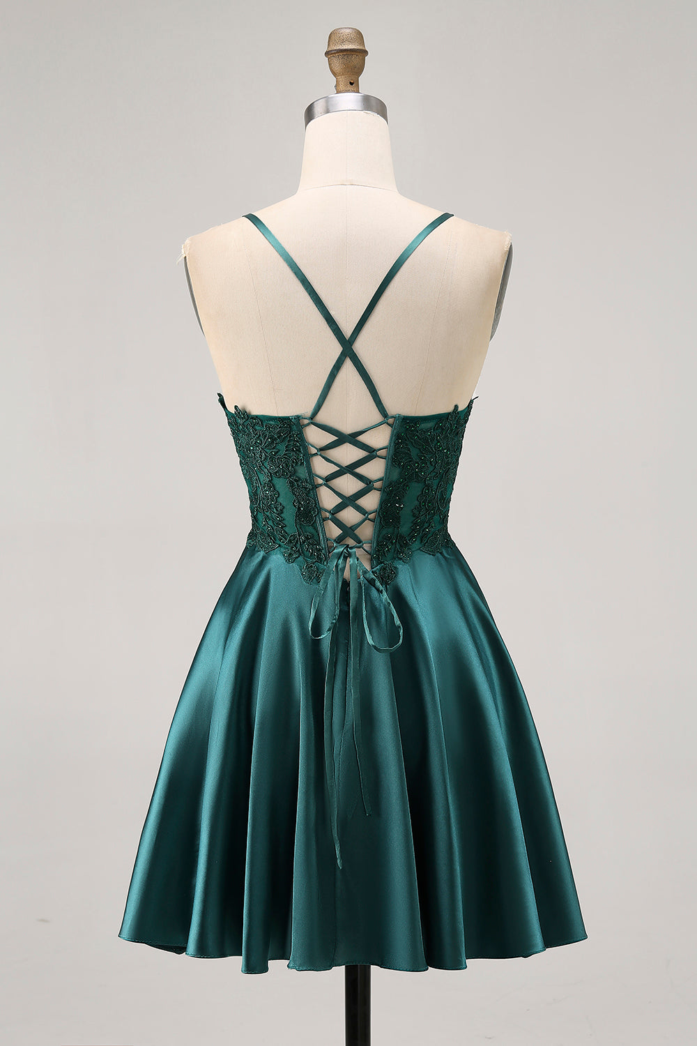 Sparkly Dark Green Corset Short Satin Homecoming Dress with Appliques