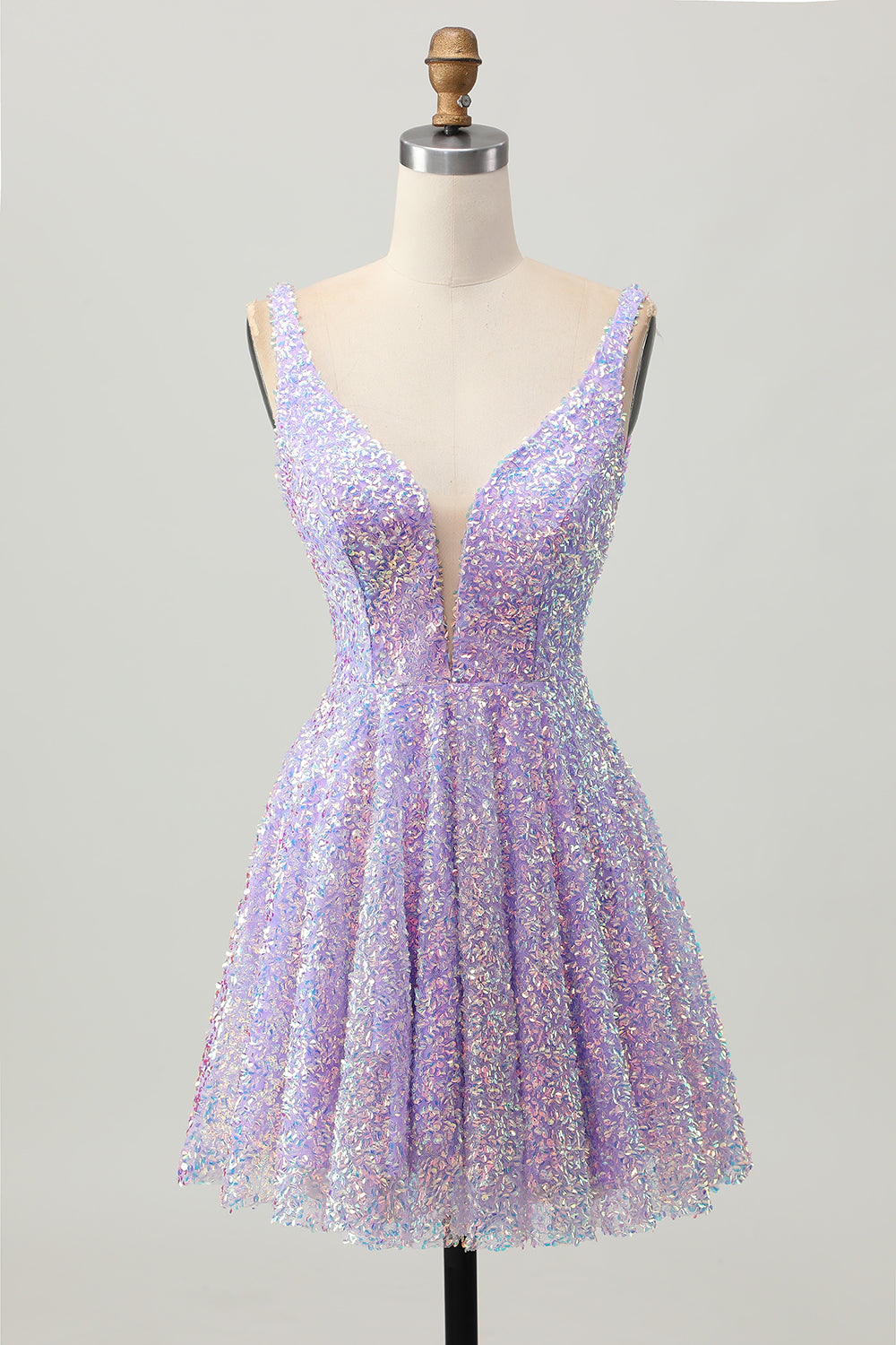 Sparkly Lilac Sequins A Line V-Neck Short Homecoming Dress