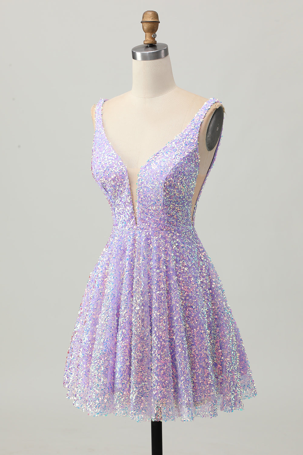 Sparkly Lilac Sequins A Line V-Neck Short Homecoming Dress