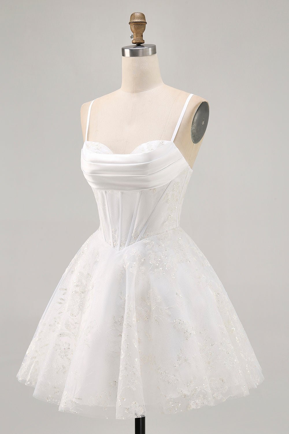White Spaghetti Straps Short Corset Homecoming Dress with Lace